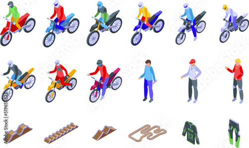 Motocross icons set isometric vector. Jump competition. Action race