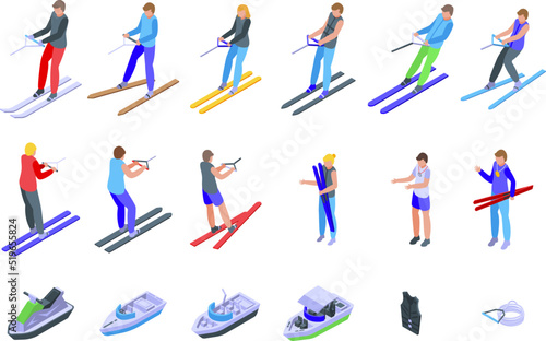 Water skiing icons set isometric vector. Sport adventure. Man ski