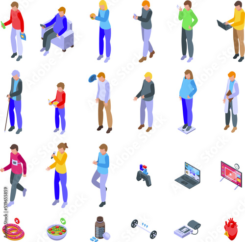 Passive lifestyle icons set isometric vector. Smoke tobacco. Addiction person