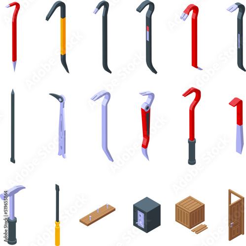 Crowbar icons set isometric vector. Breaking burglar. Construction equipment