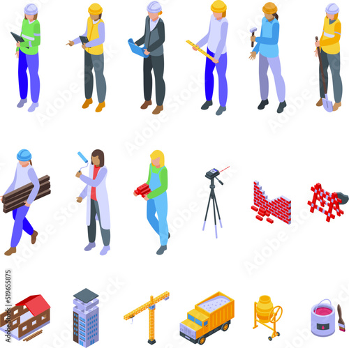 Female construction engineer icons set isometric vector. Architect worker. Construction civil