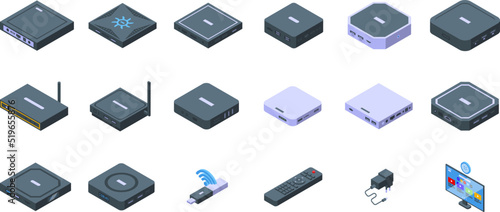 Smart TV box icons set isometric vector. Remote cable. Controller device