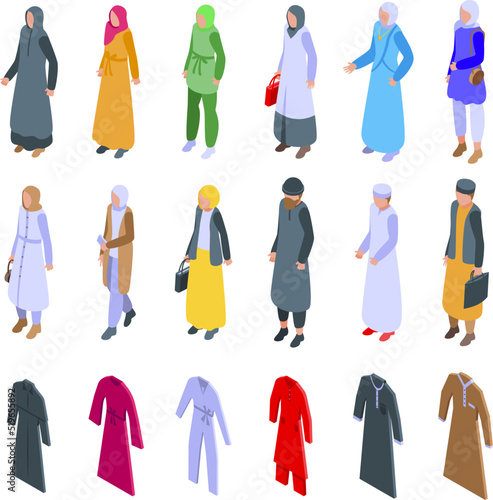 Muslim fashion icons set isometric vector. Arab casual. Woman hijab
