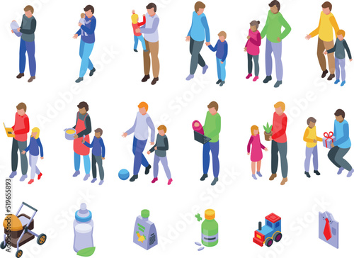 Single father icons set isometric vector. Adult parent. Father child