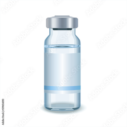 Glass Medicine Vial with aluminium cap. Flu or coronavirus vaccine. Antibiotic container. Glass Vial of In Injection Solution on white Background. Vector illustration.	
