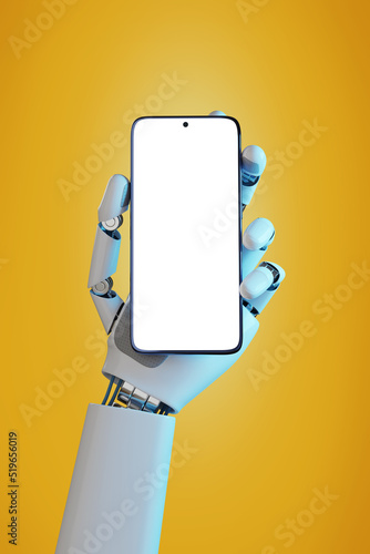 Fényképezés Robotic hand holding a mobile phone with a blank isolated on yellow background
