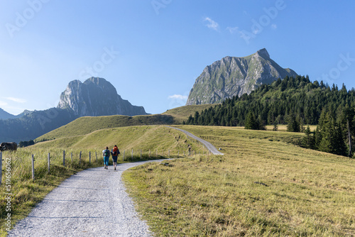 hiking in the mountains under blue sky in fresh air