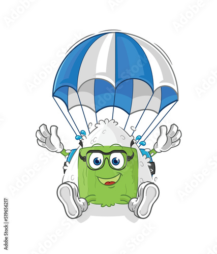 onigiri skydiving character. cartoon mascot vector