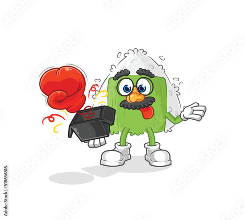 onigiri prank glove in the box. cartoon mascot