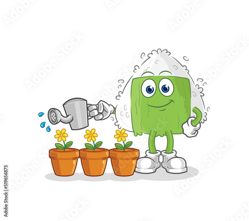 onigiri watering the flowers mascot. cartoon vector