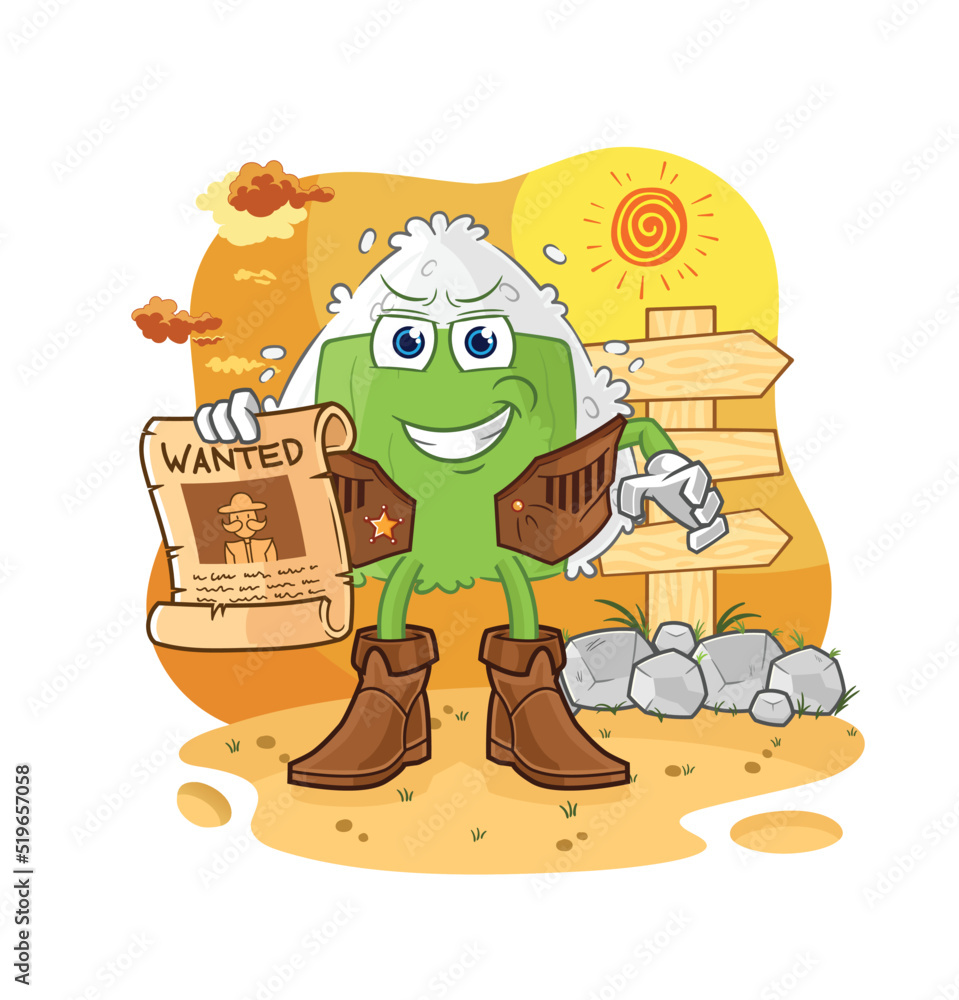 Obraz premium onigiri cowboy with wanted paper. cartoon mascot vector