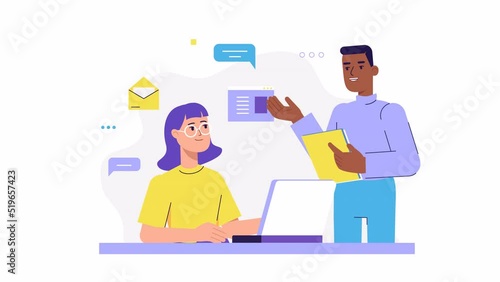Office workers Characters Animation. co-working space, team work, colleagues. woman working at laptop, man talking, narration, mouth animation. business, negotiation, brainstorming. Cartoon video