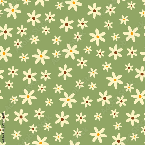 Green cute floral seamless pattern. Botanical vector print with daisies. Textile background with flowers. 