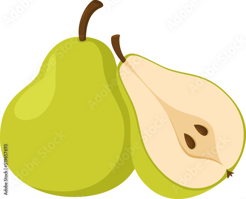 Fresh green pear. Whole pear fruits and halved pears. Cartoon style. vector illustration isolated on white background