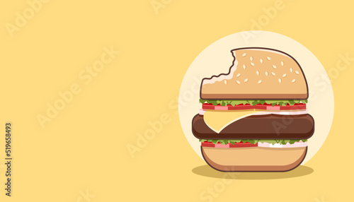 Bitten hamburger with cutlet cheese and tomato on a yellow background
