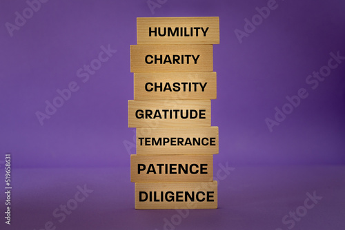 Canvastavla seven virtues according to the Christian faith, written on wooden tablets, purpl