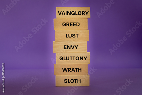 Print op canvas Seven Deadly Sins Listed on a Wooden Block, Violet Background, Concepts, Christi