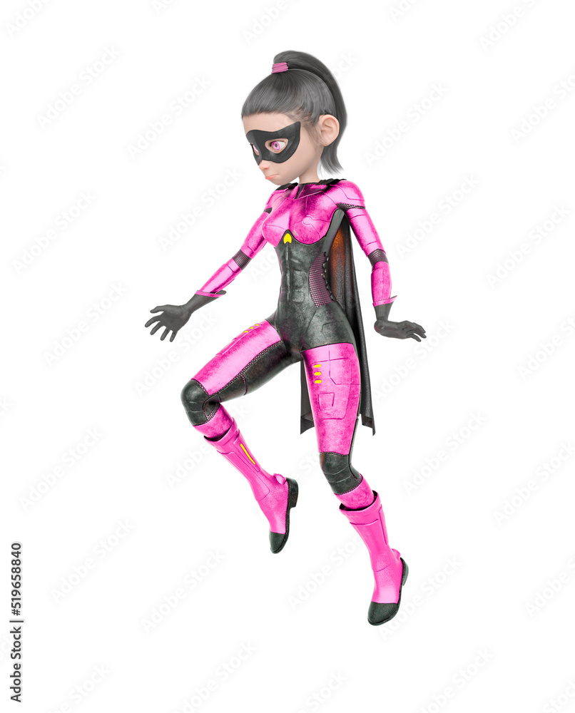superheroine girl is floating and looking down in white background superheroine girl is floating and looking down in white background