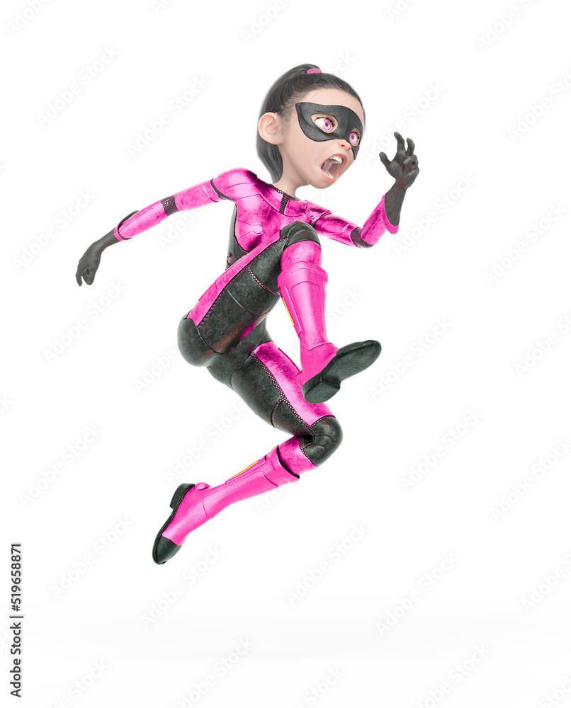 superheroine girl is jumping fast in white background