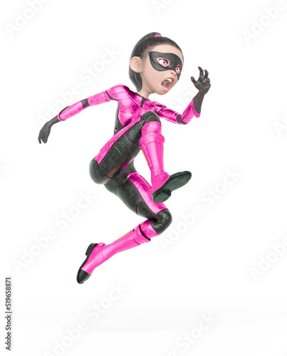 superheroine girl is jumping fast in white background