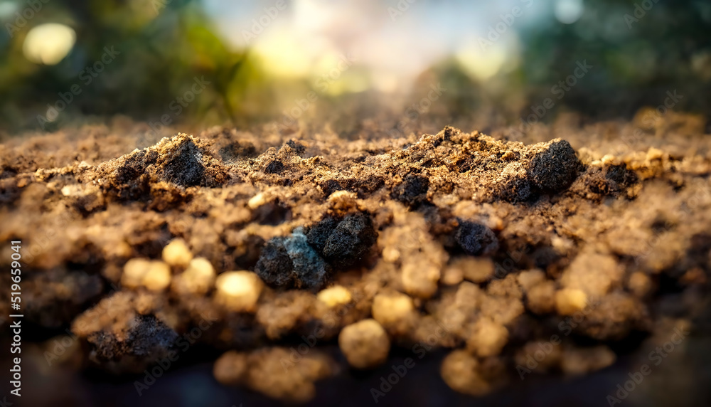 The soil of the earth, garden and vegetable garden. Blurred background, sunny day. 3D illustration. The soil of the earth, garden and vegetable garden. Blurred background, sunny day. 3D illustration.