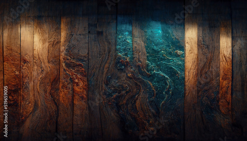 Texture of old wood from boards with blue epoxy resin. Wooden background, blue liquid resin. 3D illustration.