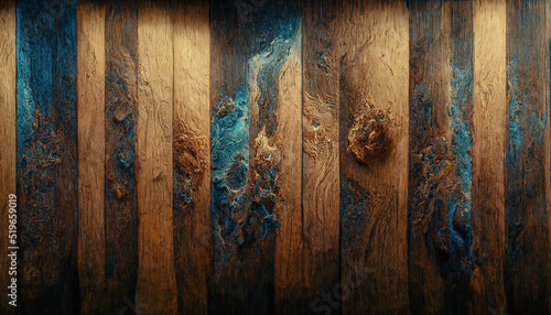 Fototapeta Naklejka Na Ścianę i Meble -  Texture of old wood from boards with blue epoxy resin. Wooden background, blue liquid resin. 3D illustration.