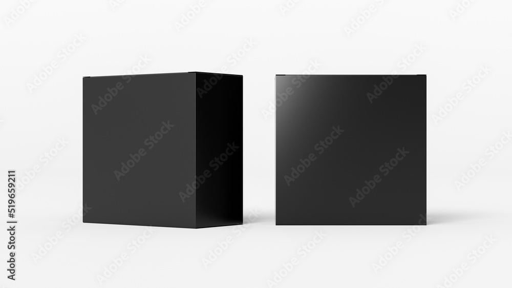 Two square boxes mock up. Black gift boxes on white background. Front view. Two square boxes mock up. Black gift boxes on white background. Front view.
