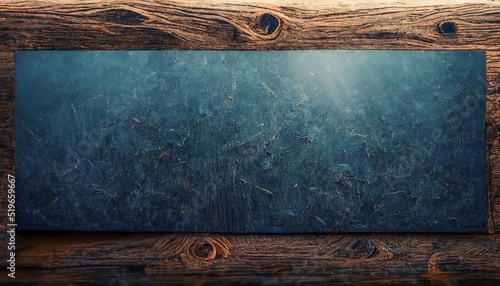 Fototapeta Naklejka Na Ścianę i Meble -  Wooden background and blue texture sheet. Frame for text. 3D illustration.