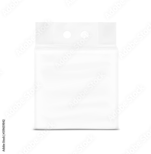 Packaging bag with a finger hole handle mockup. Vector illustration isolated on white background. Perfect for presentation laundry, tissue, diapers, nappies, wipes, food, washing, pet and etc. EPS10.	