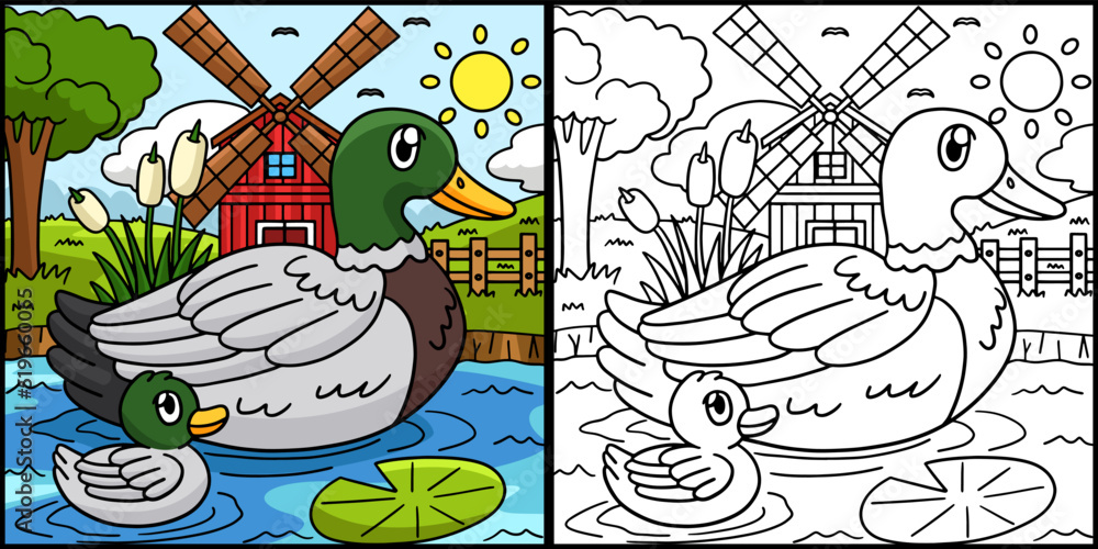 Duck Coloring Page Colored Illustration Stock Vector | Adobe Stock