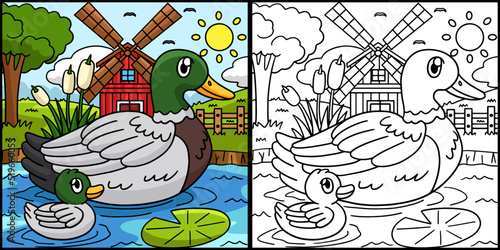 Duck Coloring Page Colored Illustration