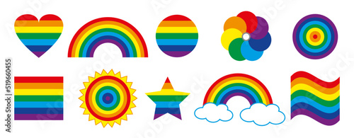 Pride LGBTQ icon set in rainbow colors. Flat design signs isolated on white background