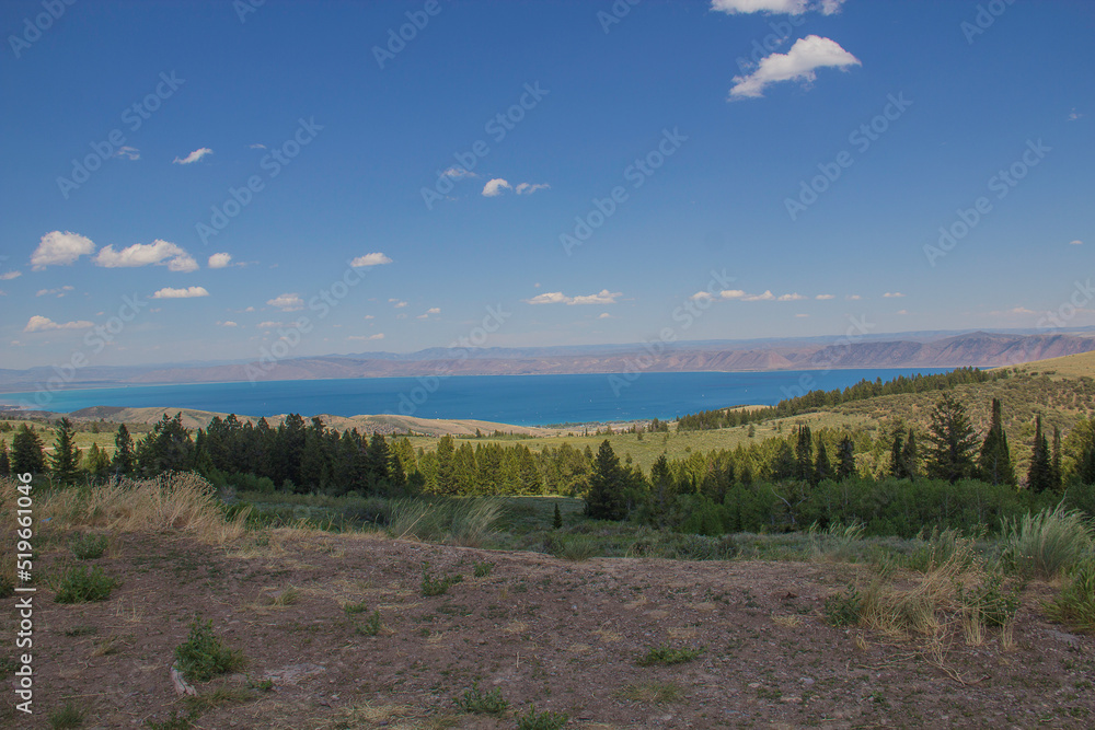 Sky, short mountains, lake and trees, Bear Lake, Utah-Idaho