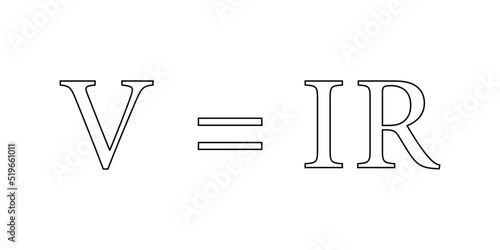 Ohm's law formula in physics. Electric current voltage and resistance formula. V, I, and R, the parameters of Ohm's law.