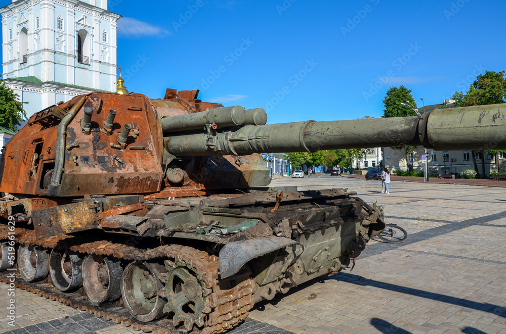 Destroyed military equipment of the russian army at an exhibition on St. Michael's Square in Kyiv, Ukraine