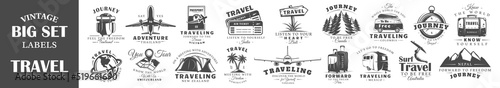 Set of vintage travel labels isolated on white background. Posters, stamps, banners and design elements. Vector illustration
