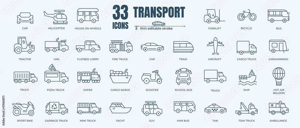 © stockgood - Transport icon set with editable stroke and white background. Thin line style of bus, car, truck and train stock vector. © stockgood - Transport icon set with editable stroke and white background. Thin line style of bus, car, truck and train stock vector.