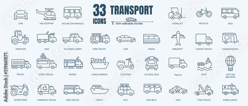 Fotografie, Tablou Transport icon set with editable stroke and white background