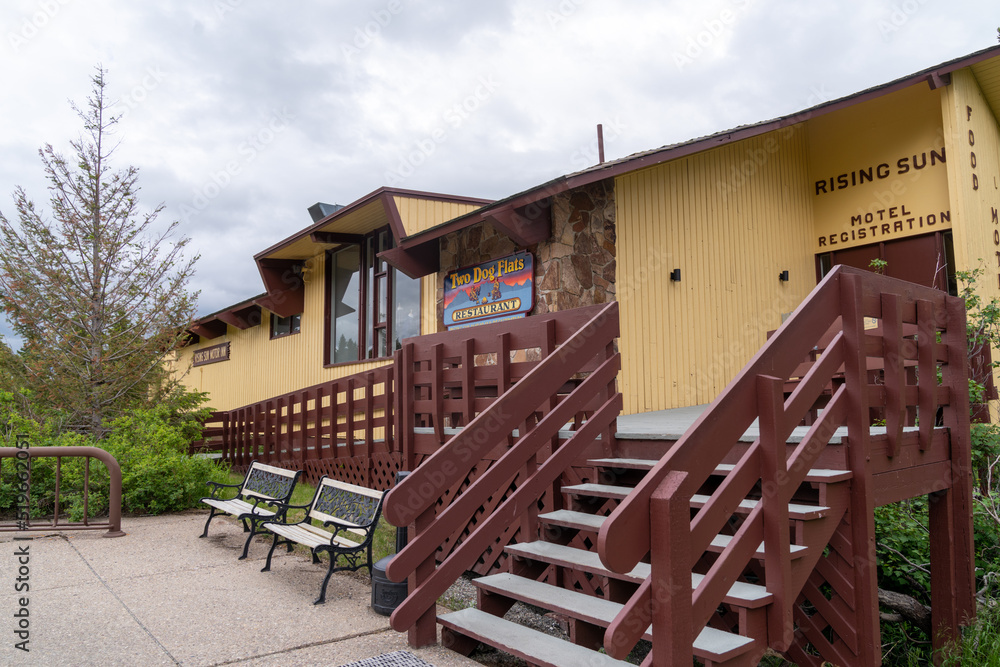 Montana, USA July 4, 2022 Exterior doors and entrance to the Rising