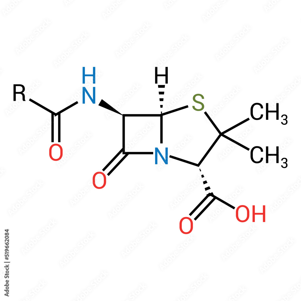 chemical structure of Penicillin (C16H18N2O4S) - obrazy, fototapety, plakaty 