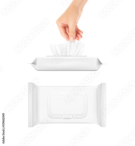 Realistic wet wipes bag mockup with hand. Vector illustration isolated on white background. Great for your product presentation. EPS10.	