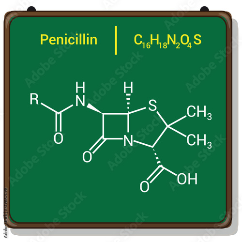 chemical structure of Penicillin (C16H18N2O4S)