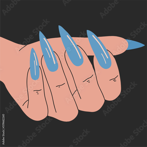 Female hand with well-groomed and blue manicure, long sharp nails. Spa, nail treatment, beauty concept. Hand drawn color modern vector illustration.