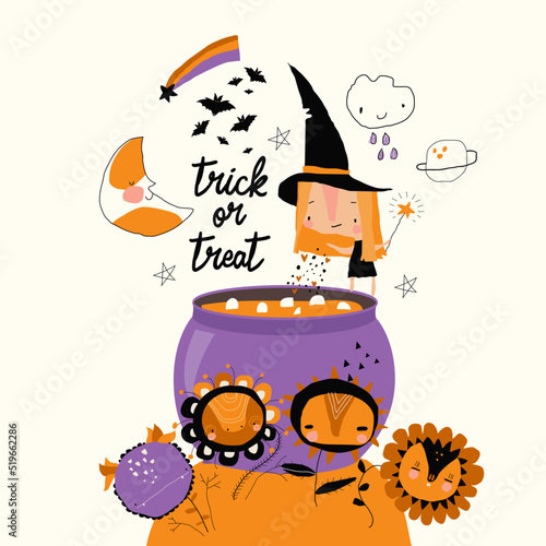 Halloween Witch cooks a Magic Potion in a Cauldron