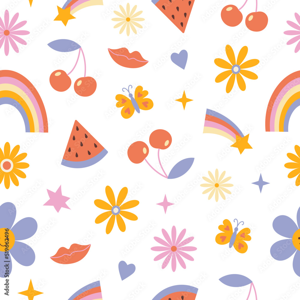 Vintage seamless pattern in retro hippie style in the style of the 70s and 80s. Flowers, daisies, rainbows, stars. Pastel concept. Danish style. Vector flat cartoon illustration.
