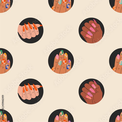 Seamless pattern with female hands with well-groomed and bright colorful manicure, modern design. Spa, nail treatment, beauty concept. Hand drawn color modern vector illustration.
