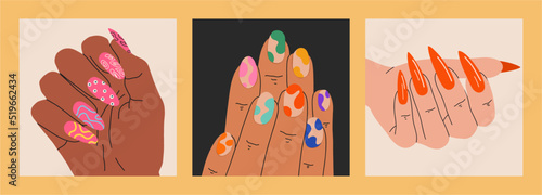 Woman's hand with well-groomed and bright colorful manicure, modern design, poster set. Spa, nail treatment, beauty concept. Hand drawn color modern vector illustration.