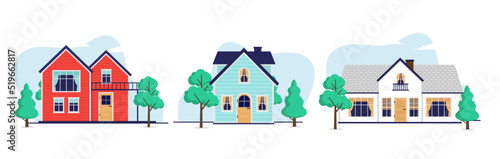 Vector houses in flat design - Set of three 2d house designs in front view with white background