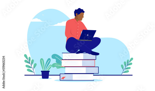 Minority education - Black man sitting on books with computer studying and learning. Flat design vector illustration with white background